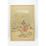 Meiji Japanese woodblock print depicting snowy mountain scene with man and young girl in front of