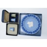 A collection of Wedgwood Jasperware to include a boxed green and blue thimble set, a Josiah Wedgwood