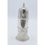 Large ornate silver sugar sifter / caster. 258.5 grams. Hallmarks on body rubbed. 19.5cm tall. In