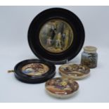 A collection of Pratt Ware and similar items to include pot lids such as Hide and Seek, a framed