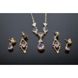 9ct Amethyst and white stone pendant and chain plus two pairs of earrings. 4.8g