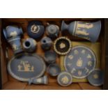 A collection of Wedgwood Jasperware items in different colours such as blue, dark blue and black