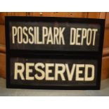 A pair of circa 1960s bus depot signs on fabric / canvas style material from Possil Park Depot which