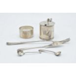 Small group of silver including mustard pot, napkin ring, pickle fork, butter knife and salt spoons,