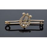 Tested as 9ct gold Victorian Irish lyre brooch with seed pearls. 1.5 grams.