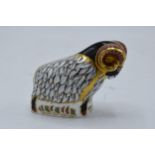 Boxed Royal Crown Derby paperweight in the form of a Derby Ram. First quality with stopper. In