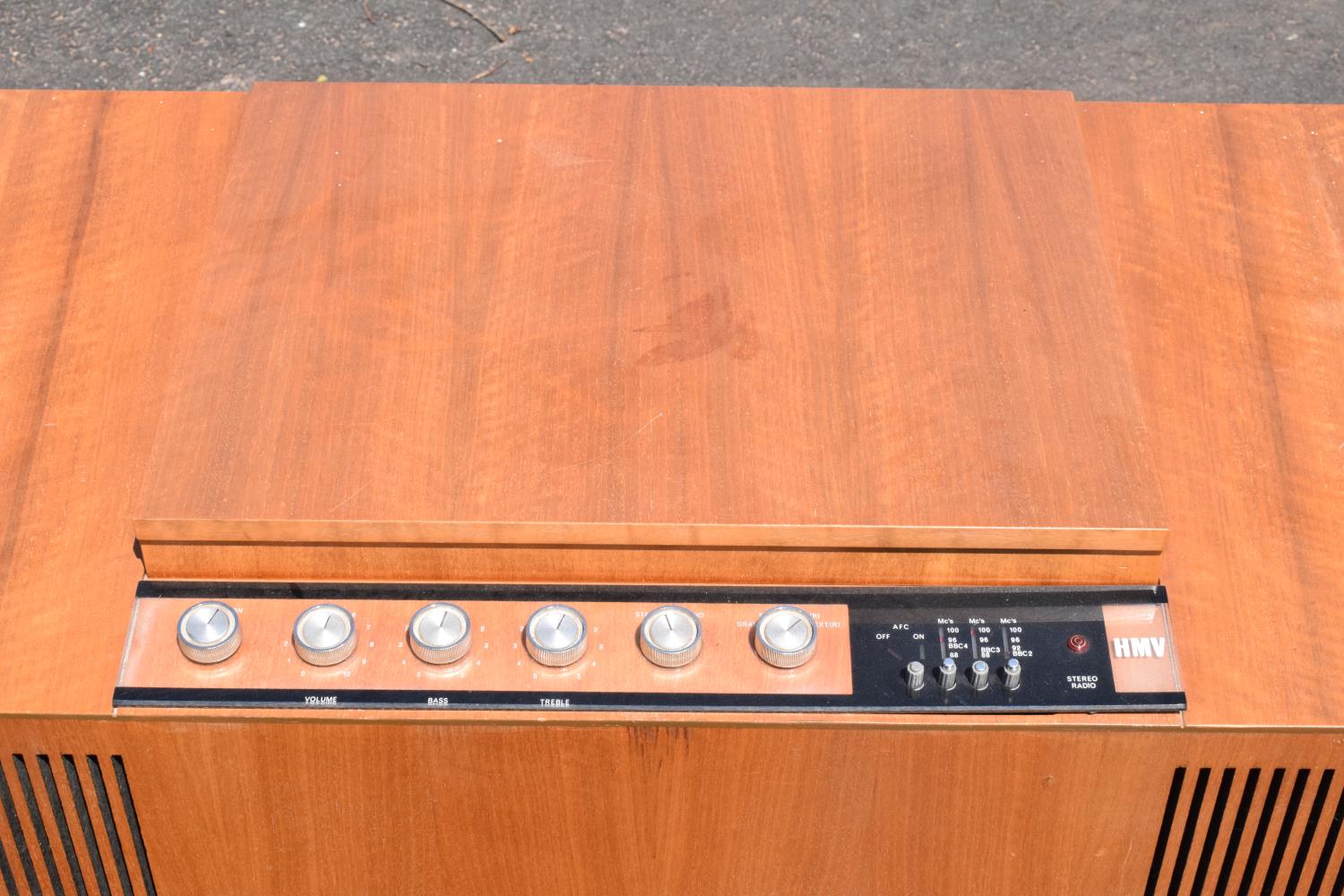 HMV teak radiogram unit. 96 x 44 x 60cm. In good condition with signs of age-related wear and - Image 2 of 6
