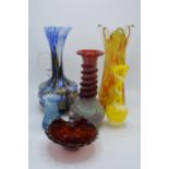 A collection of assorted art / studio glass in the form of jugs, vases, a dish etc. Condition is