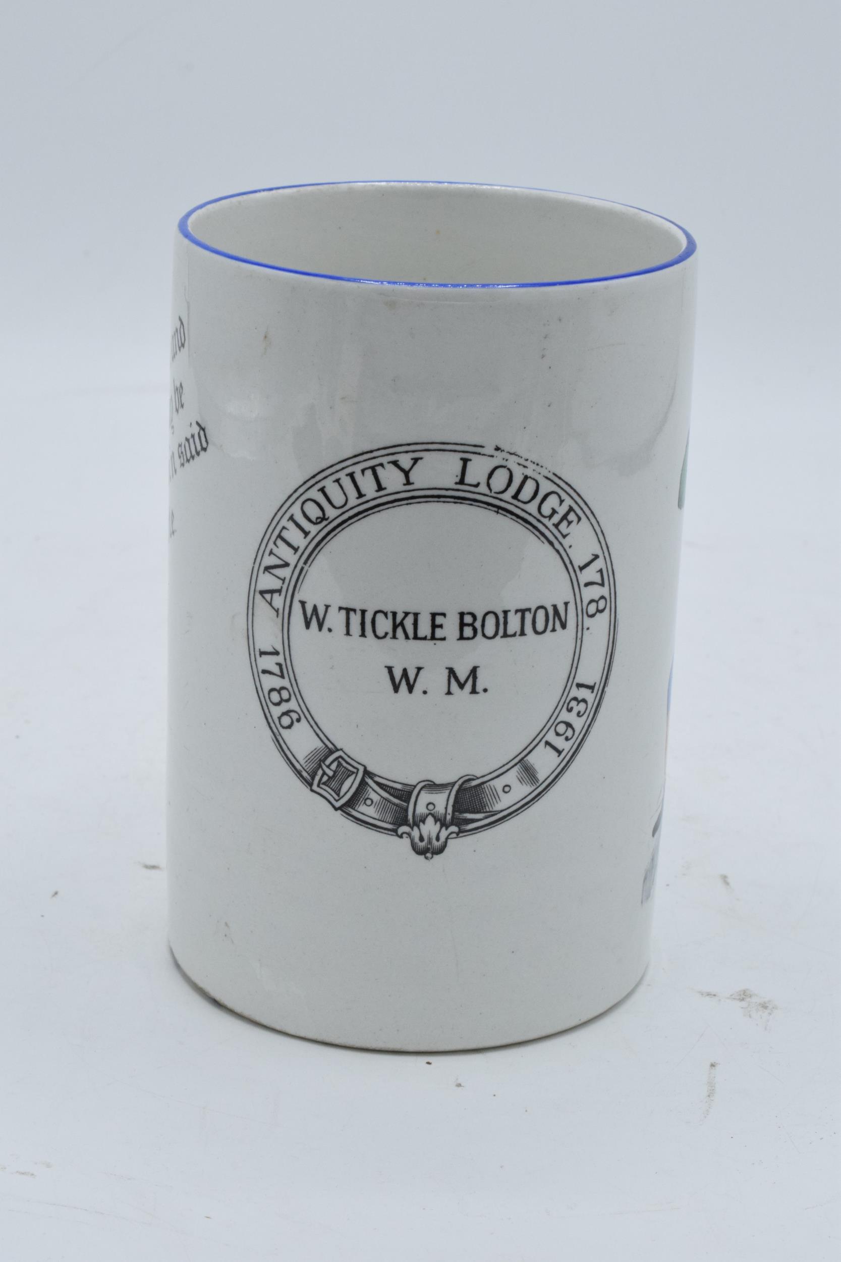 A Green and Co pottery mug decorated with a spritely character '1786 Antiquity Lodge 178 1931 W. - Image 3 of 5