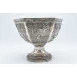 A late 19th / early 20th century Indian silver pedestal bowl with embossed decoration depicting