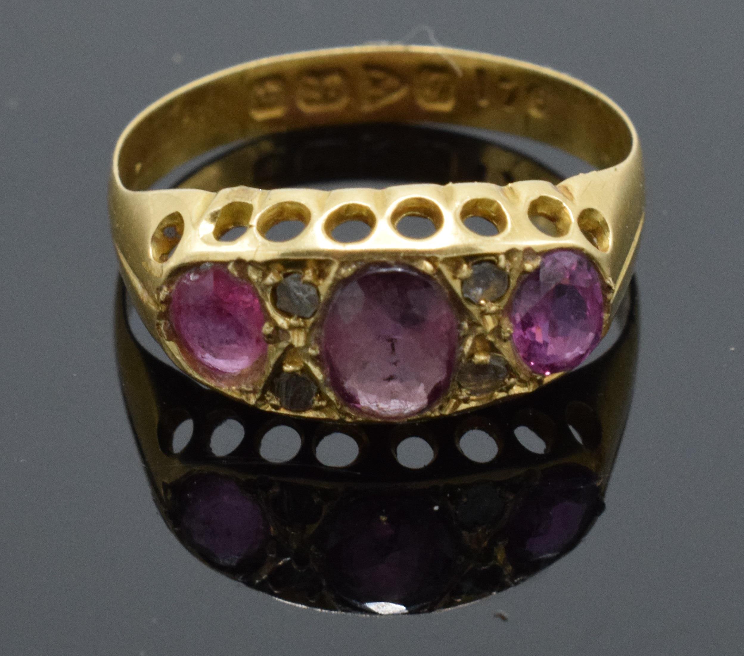 18ct gold ring set with diamond and ruby stones, hallmarked for Chester 1915. UK size N. 2.1