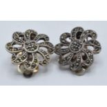 A pair of silver 925 and marcasite clip-on earrings.