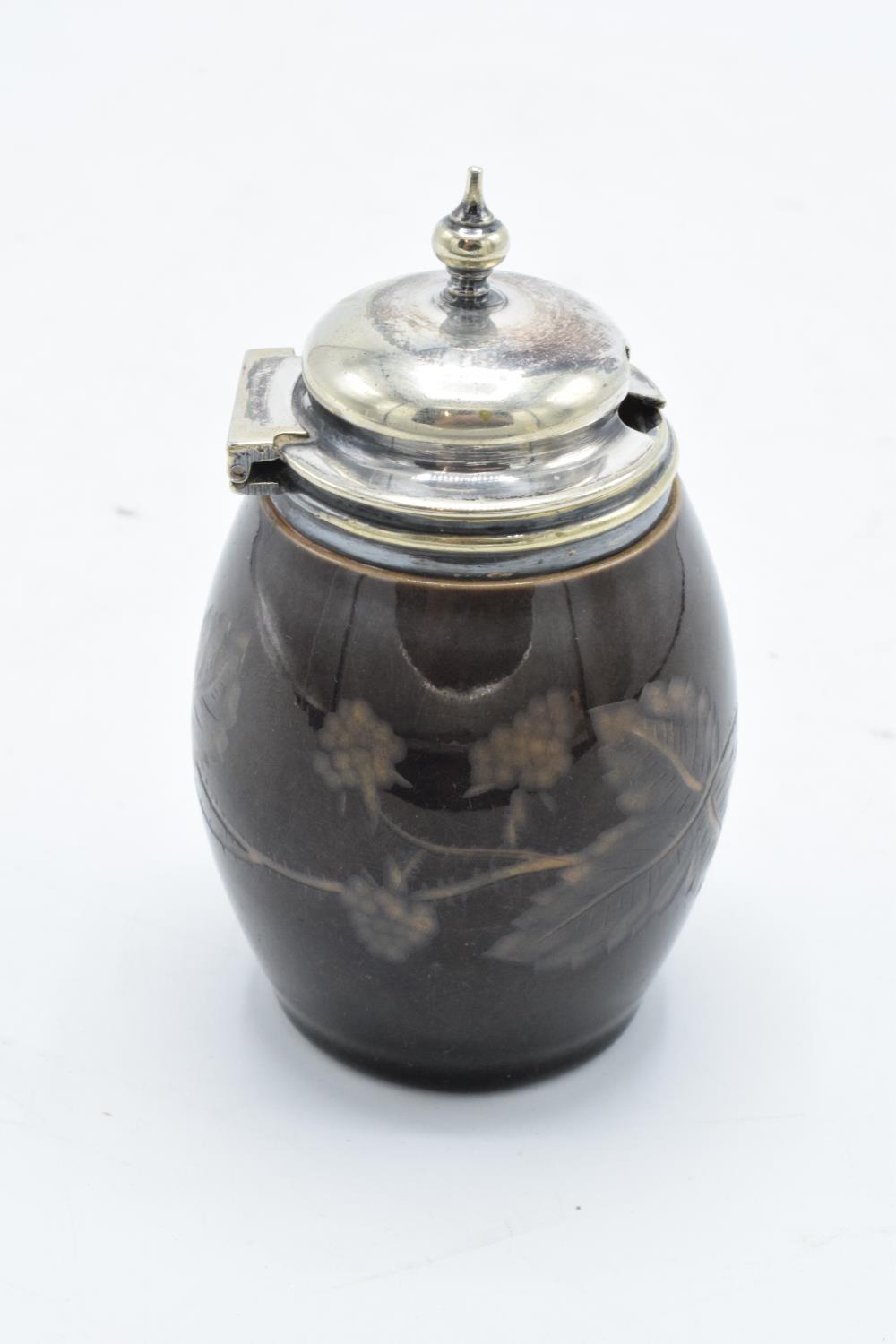 Late 19th century mustard pot, the thickly glazed surface wheel engraved in low relief, the inside