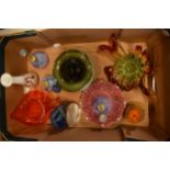 A collection of assorted art / studio glass in the form of vases, Murano style dish, Jack in the