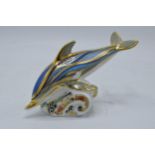 Boxed Royal Crown Derby paperweight in the form of a Striped Dolphin. First quality with stopper and