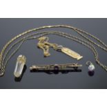 9ct bar brooch and two 9ct chains with pendants. 6.7g weight not inc. pendants