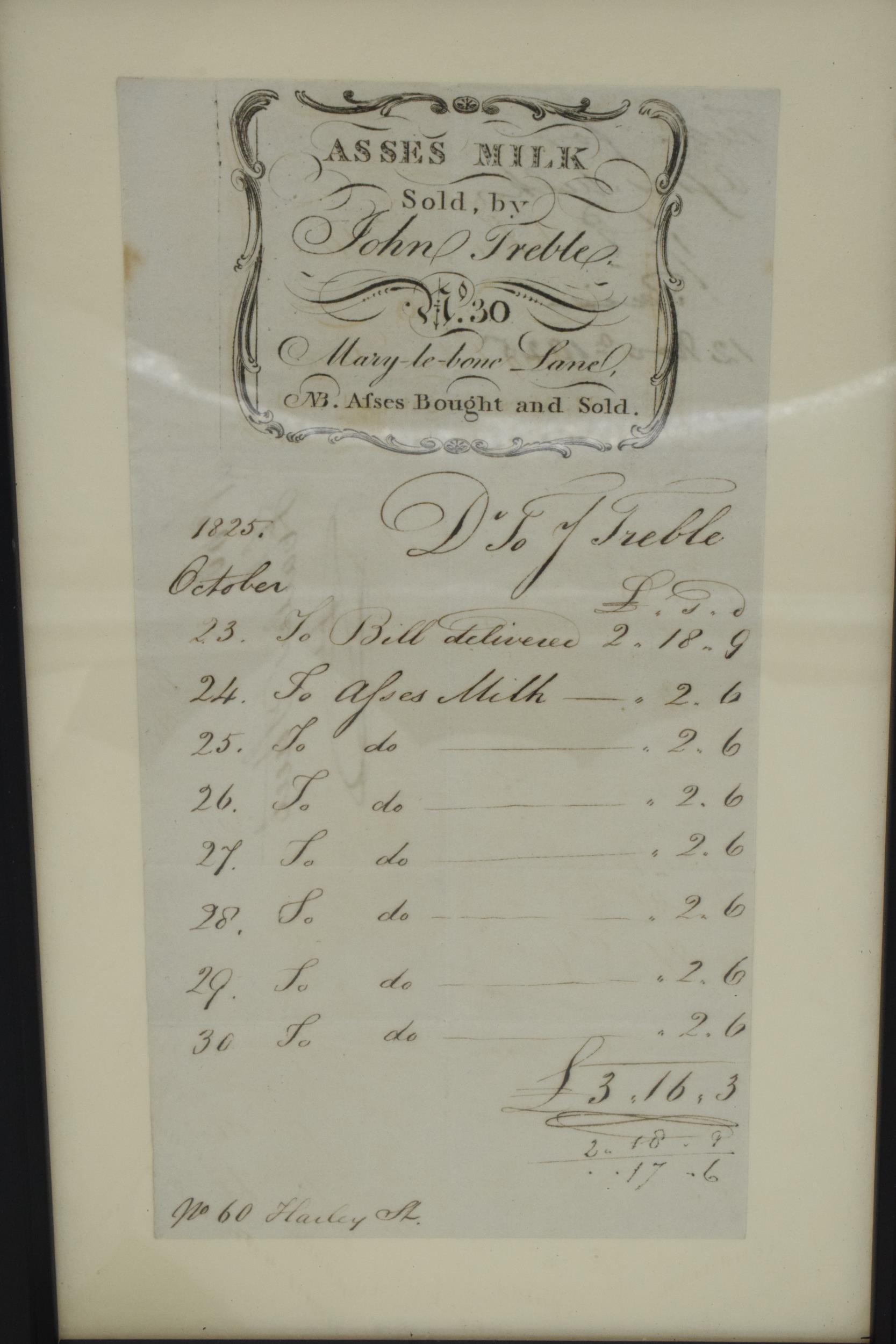 An unusual asses milk invoice for a daily delivery to 60 Harley St, with engraved heading. Sold by - Image 2 of 3