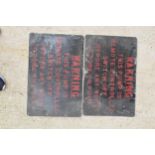 A pair of vintage 20th century enamel signs 'Warning this pump is remote controlled switch off