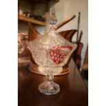 A 20th century Bohemia glass lidded vase with red decoration. In good condition with no obvious