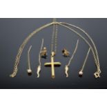 9ct gold cross and chain, 9ct chain and 2 pairs of yellow coloured metal earrings 3.8g