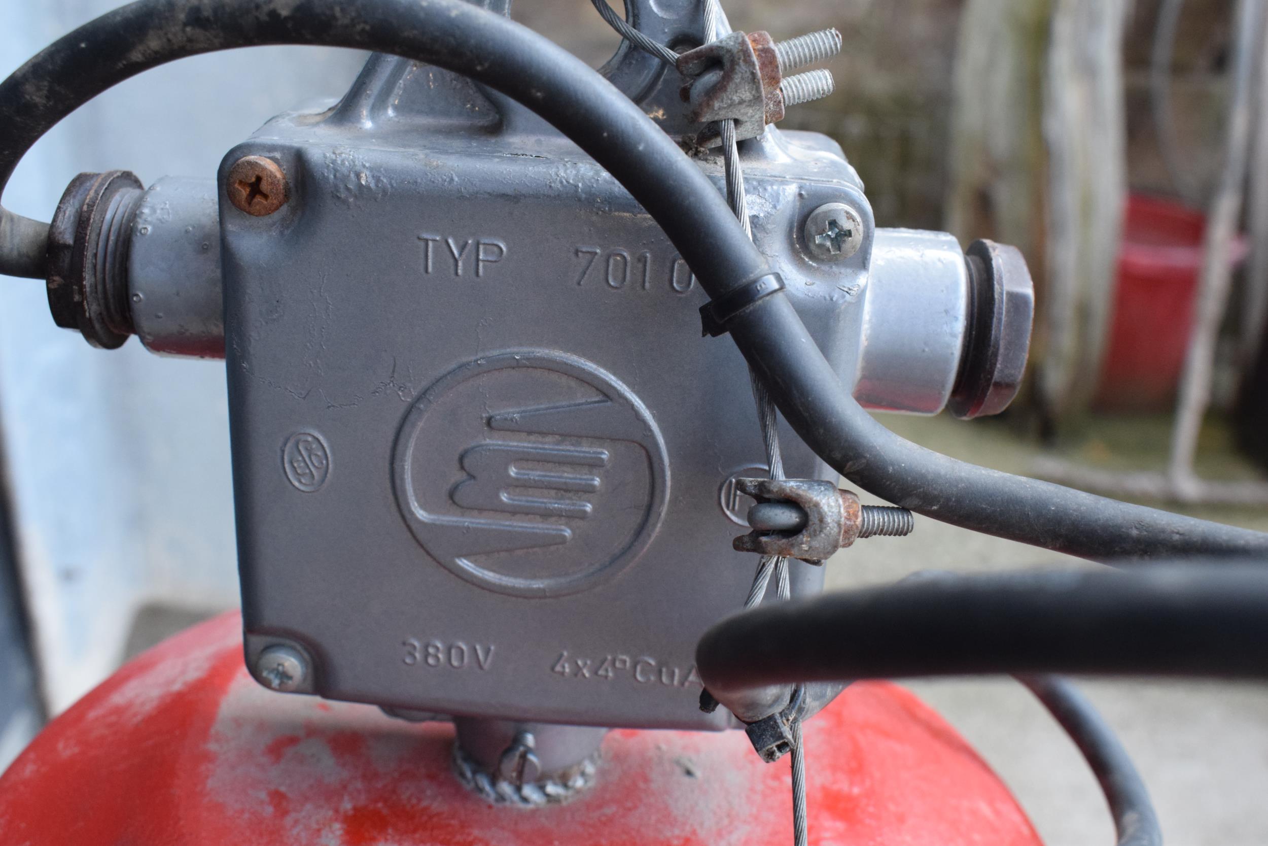 A large 20th century metal industrial hanging light in a red colourway. 72cm tall. Untested. - Image 3 of 4