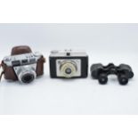 A mixed collection of items to include Ilford Sporti camera, Kodak Prontormat camera, Miranda