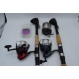 A collection of fishing equipment to include Maxximus 666NB reel, Crane CS400 FD, Crane CS400 FD and