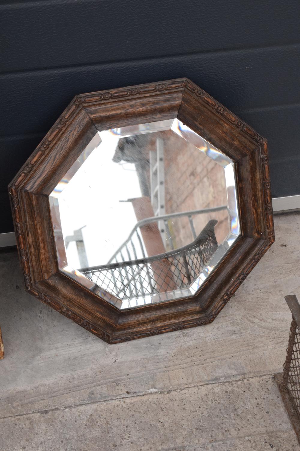 A collection of items to include a carved oak octagonal mirror, a rectangular mirror and a brass and - Image 3 of 4