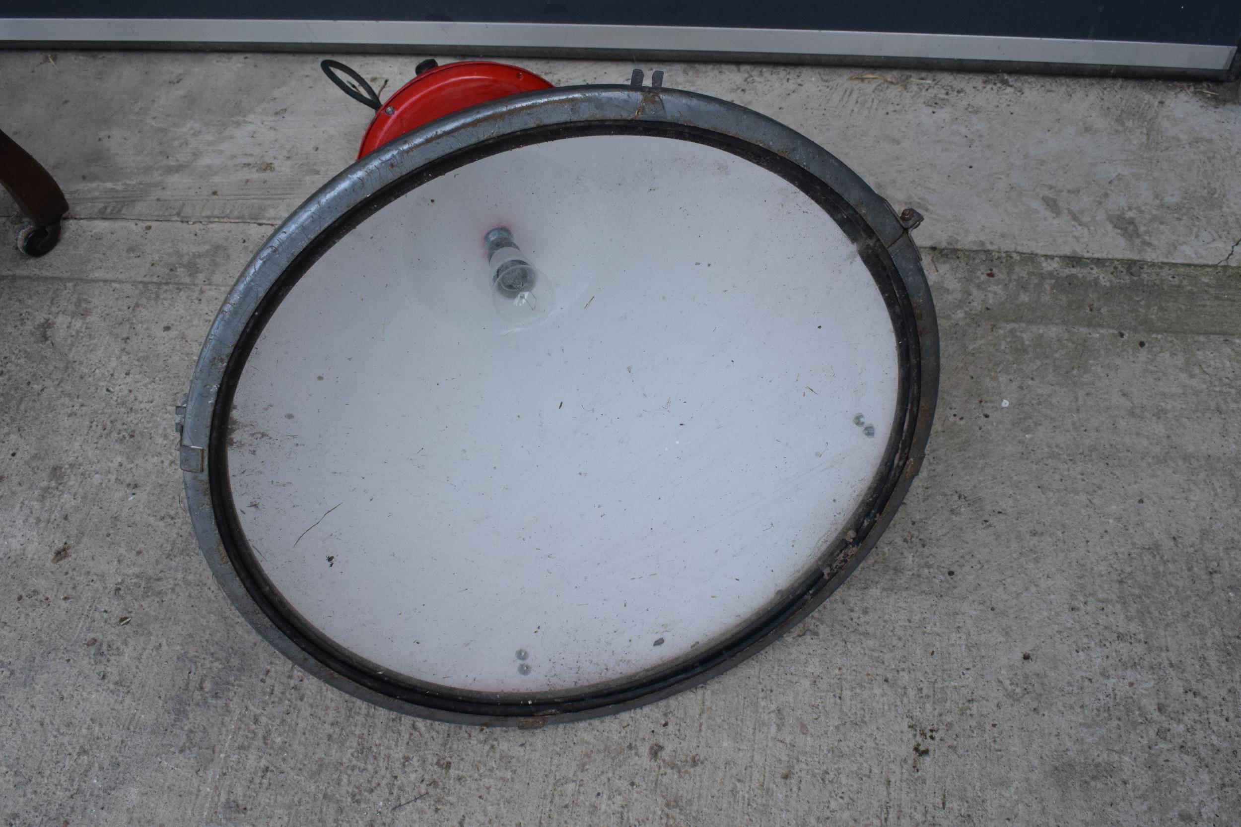 A large 20th century metal industrial hanging light in a red colourway. 72cm tall. Untested. - Image 4 of 4