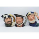 Large Royal Doulton character jugs to include Old Salt D6551, Trapper D6609 and Henry VIII D6642 (