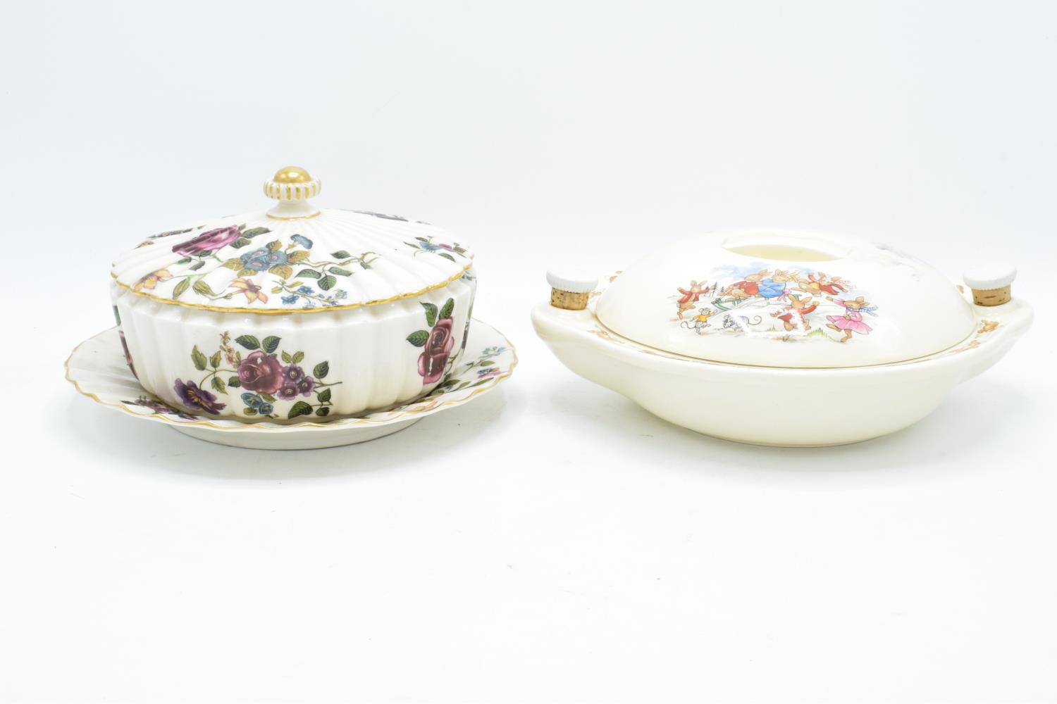 Royal Doulton Bunnykins food warmer/ hot plate with sledging scenes and a Royal Worcester muffin