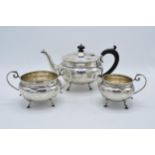 Silver 3-piece tea set to consist of the teapot, milk and sugar bowl (3). Hallmarked for