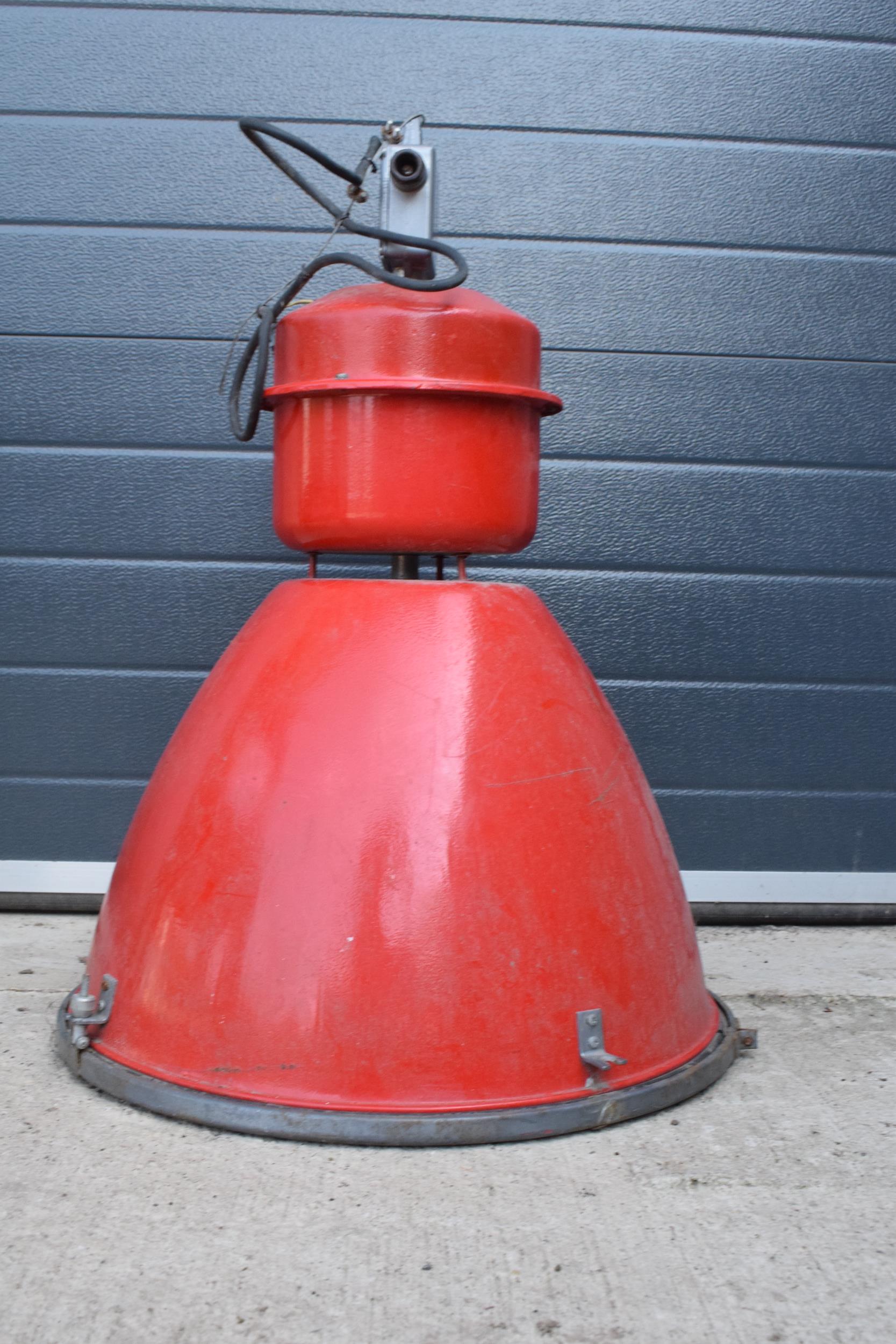 A large 20th century metal industrial hanging light in a red colourway. 72cm tall. Untested. - Image 2 of 4