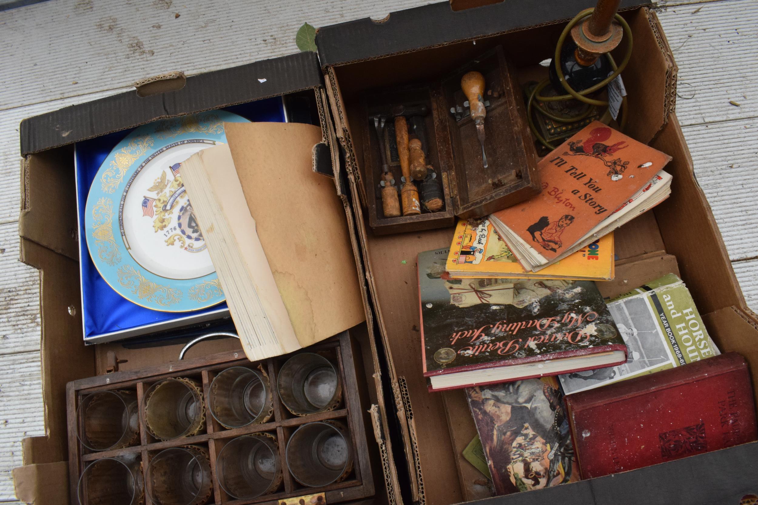 A mixed collection of items to include a lampbase, glasses, Aynsley plate, books, tools etc. NO