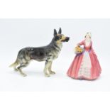 Royal Doulton lady figure Janet Hn1537 and Goebel German Shepherd CH618 (2). In good condition