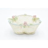 Belleek of Ireland trefoil-shaped weave basket with floral decoration with painted highlights. In