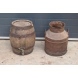 A vintage metal milk churn together with a coopered wooden barrel (2). In good functional