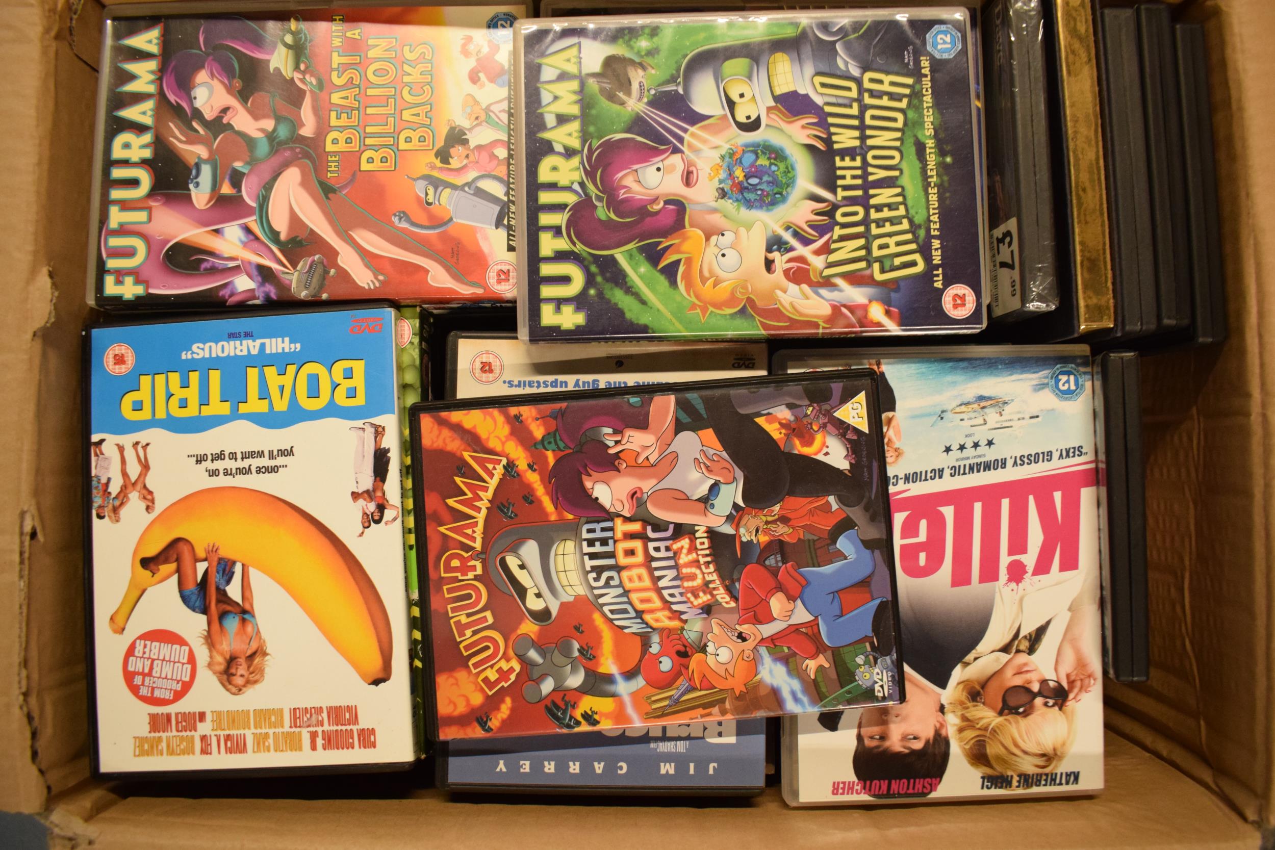 A large collection of DVDs and related items to include Futurama box sets, Bruce Almighty, Boat Trip