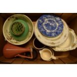 A collection of mainly 20th century pottery to include a European ceramic jug marked 'gesetzlich