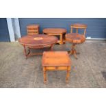A good collection of walnut or similar wooden furniture set to include a table, octagonal sewing-