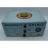 Dewhursts Sylko advertising three draw table top drawer box. 31 x 21 x 14cm. In good original