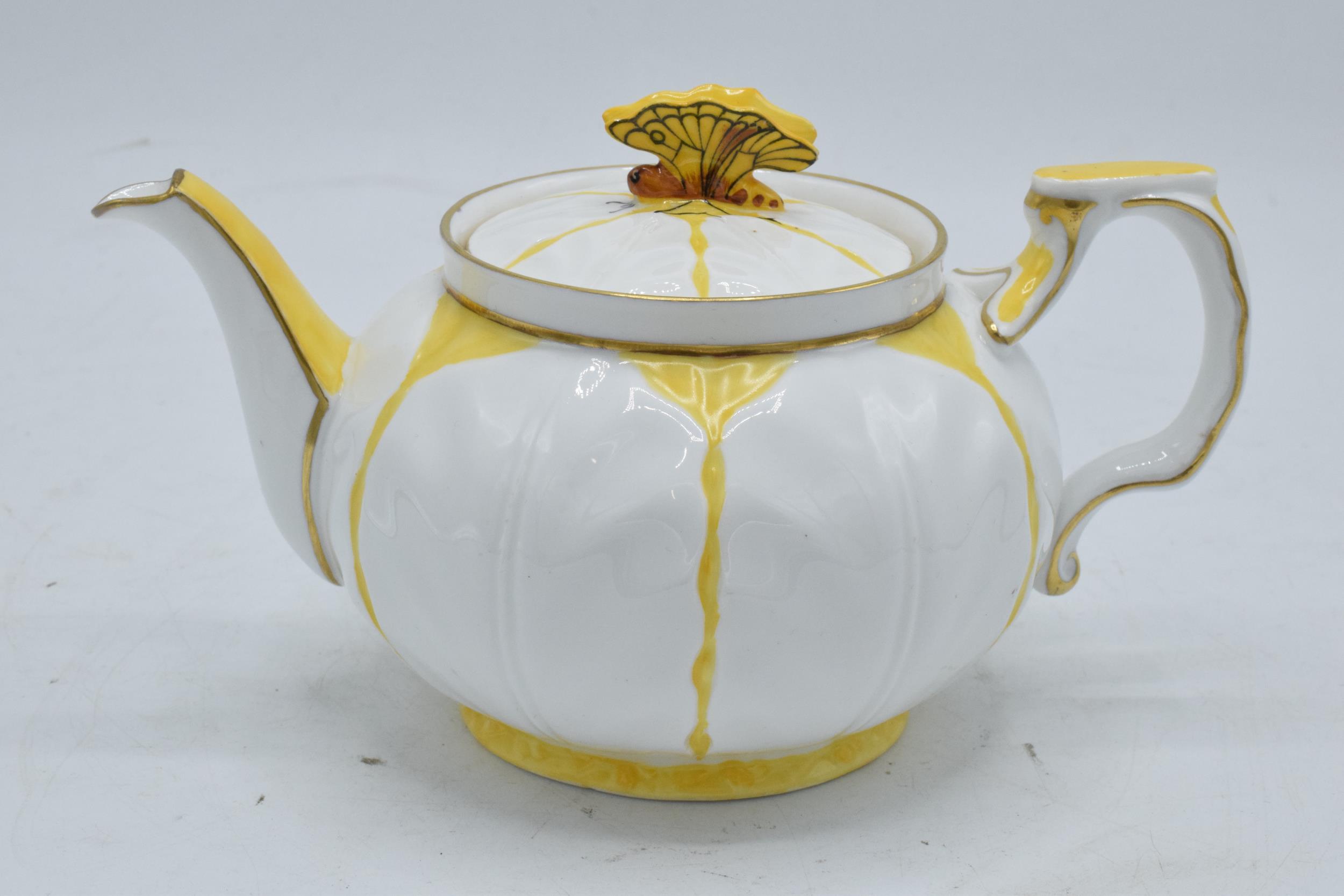 Aynsley yellow leaf moulded teapot with a butterfly finial on the teapot lid. 10cm tall. In good - Image 2 of 8