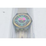 Boxed Swatch Quartz 1990 Green Room watch. Appears to be in working order.