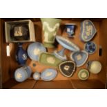 A collection of Wedgwood Jasperware in various colours to include dip blue, blue, sage green and