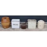 A mixed collection of items to include a large stoneware barrel, 2 vintage enamel bread bins (1