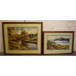 A pair of framed oils on boards, one depicting a river scene and the other of a lake with