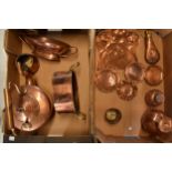 A good collection of copper items to include a Victorian acorn finial teapot, hammered dish, brass