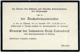 Einladung zum Staatsbegräbnis des Generals Erich Ludendorff