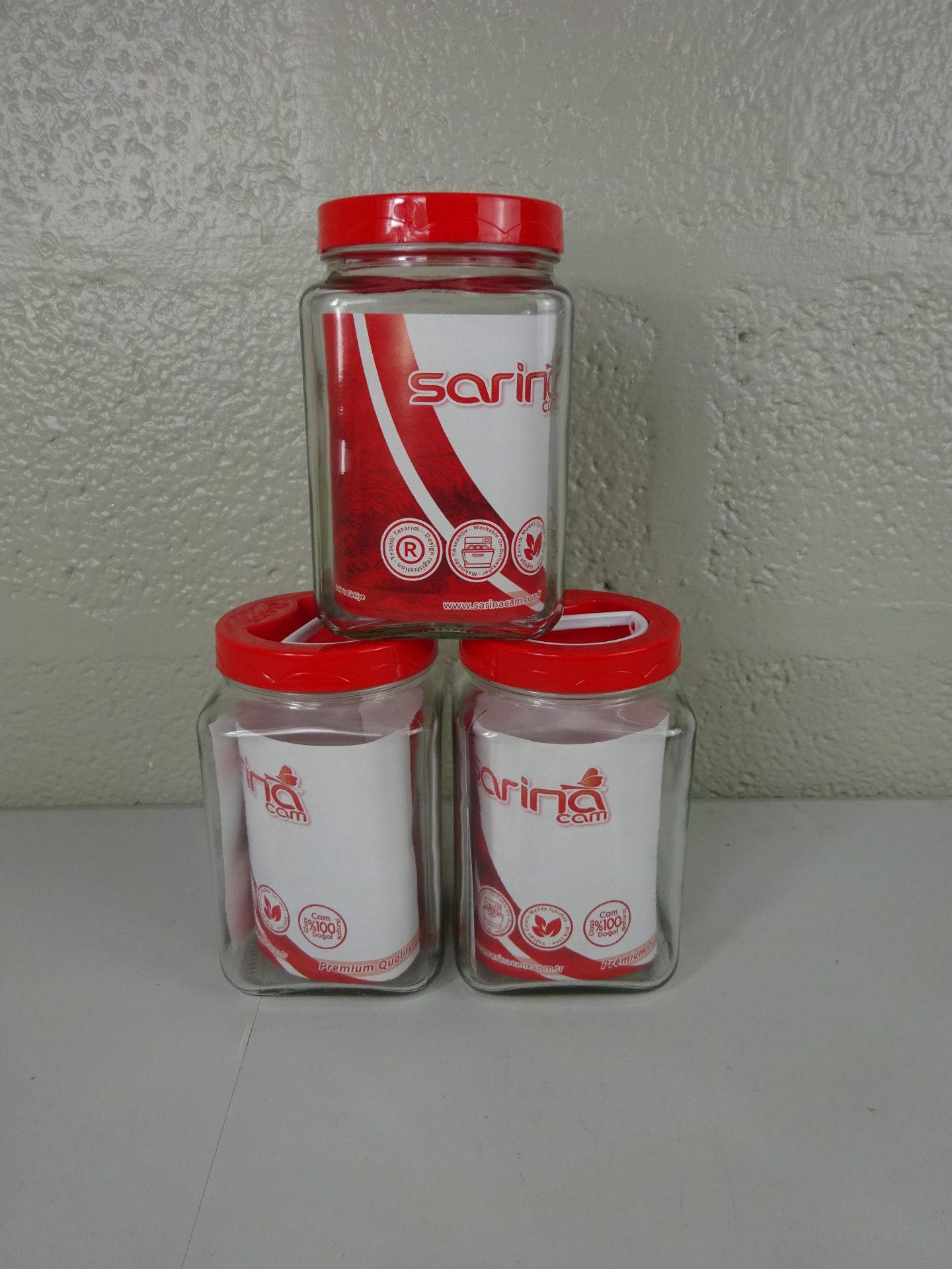 X3 RED TOPPED GLASS JARS