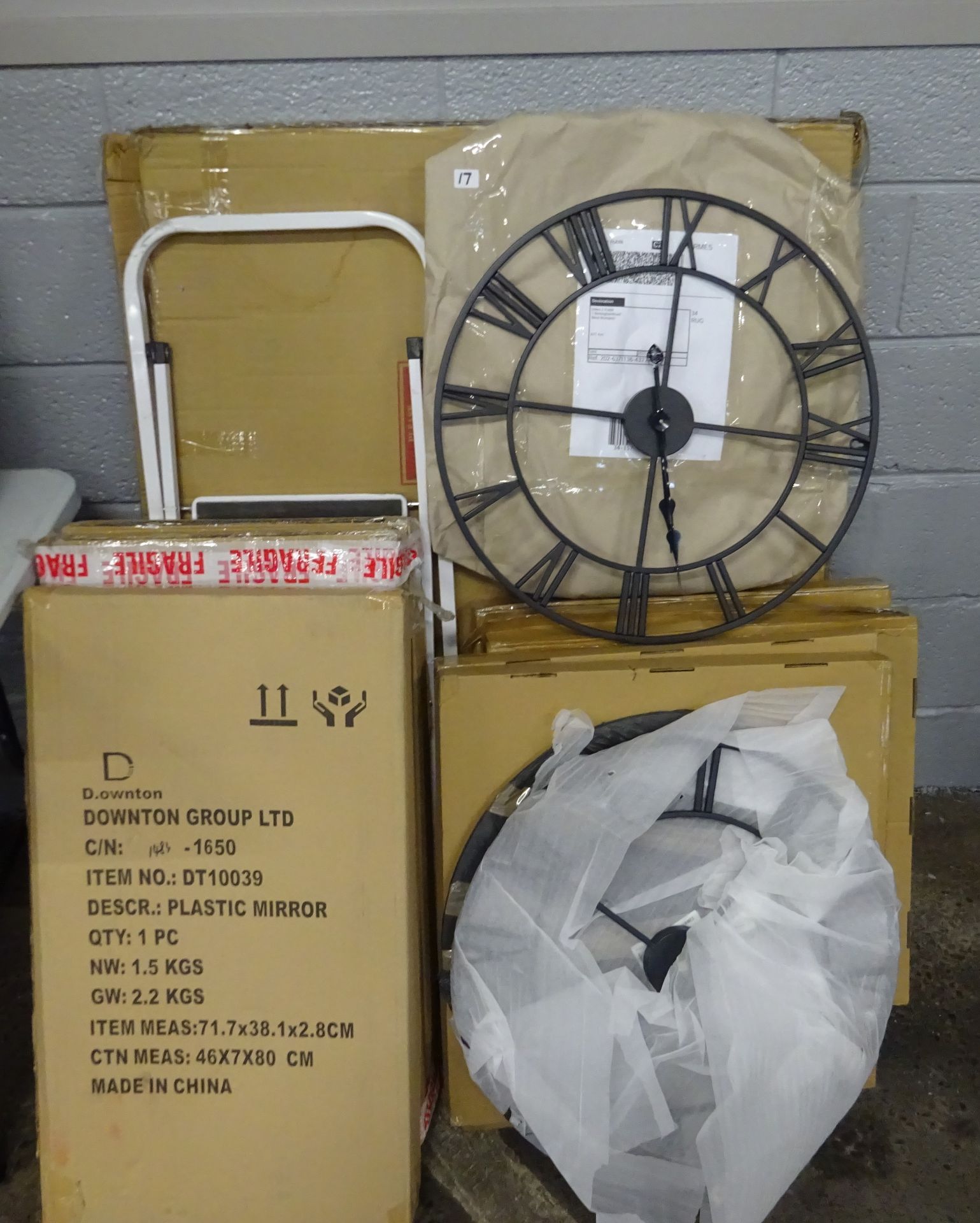 QTY OF METAL CLOCKS, PLASTIC MIRRORS, WHITE BOARD & FOLDING LADDER